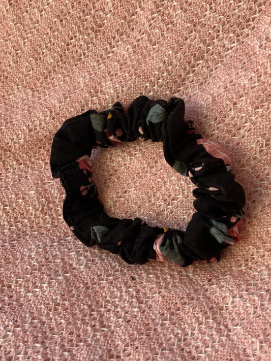 Black and Pink Flower Mini Scrunchie