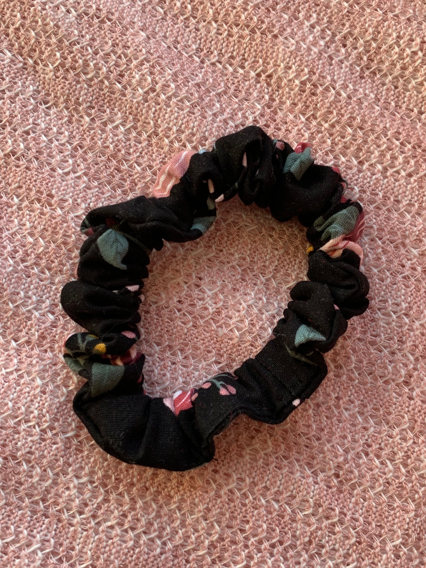 Black and Pink Flower Mini Scrunchie